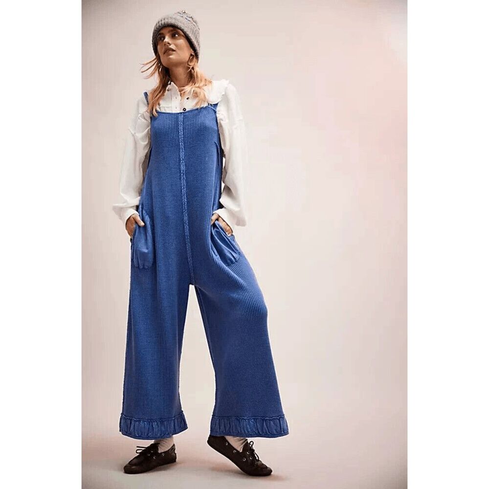 Free People Callie One-Piece Jumpsuit Wide-Leg Waffle Lapis Blue FP ONE XS NEW